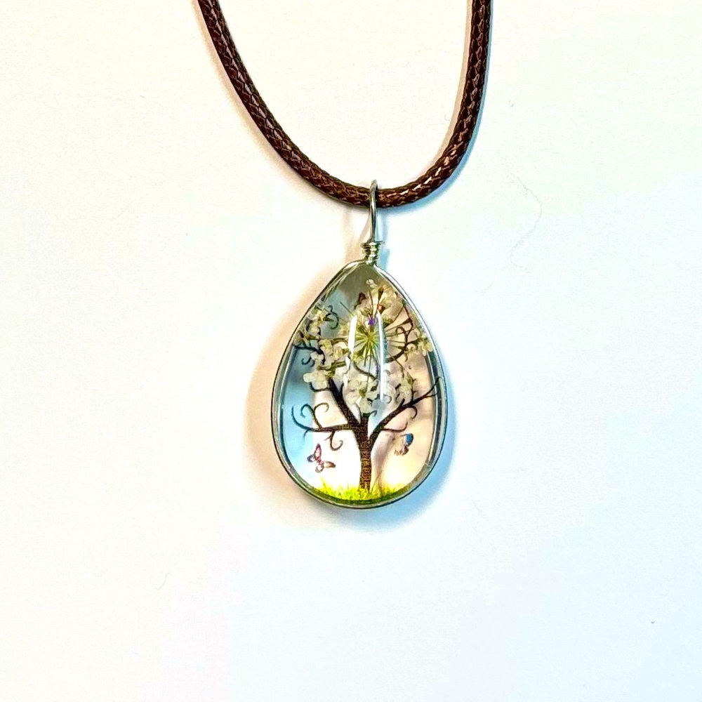 Handmade Lace Dried Flowers Oval Pendant Necklace #15